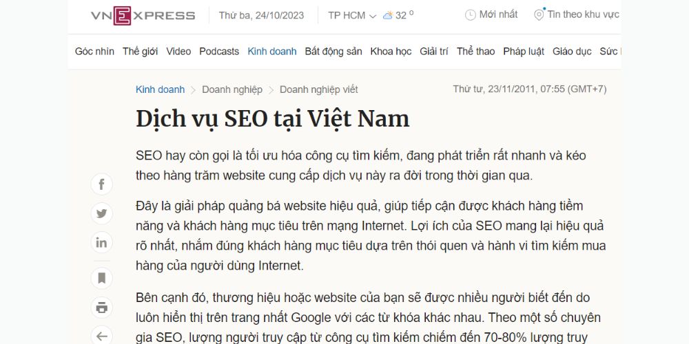 Báo về dịch vụ SEO tại Việt Nam trên Vnexpress