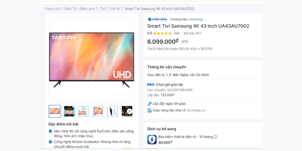 Trang sản phẩm tivi của thương mại điện tử