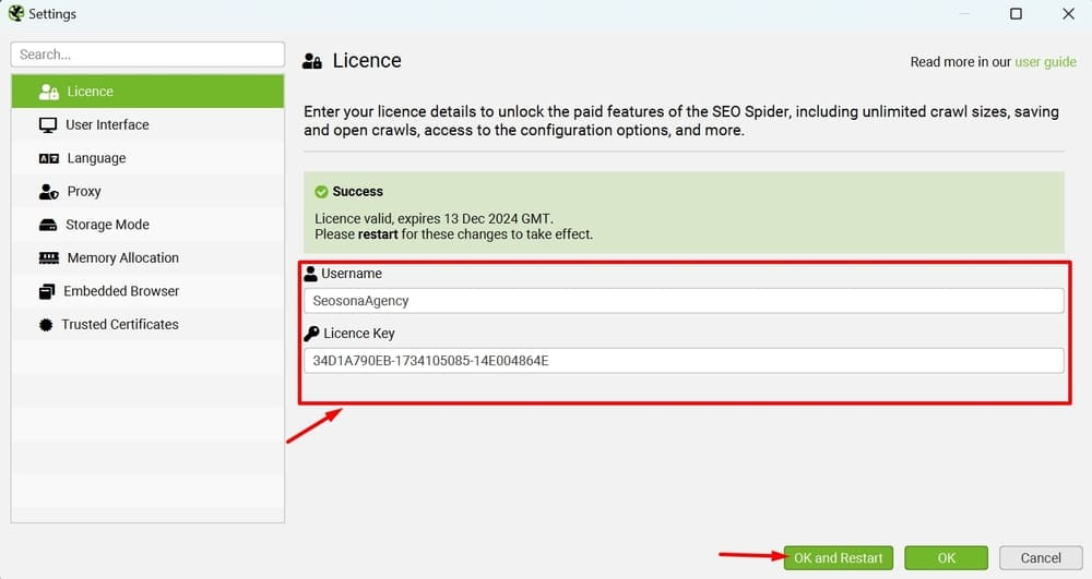 Nhập Username và Lincence Key vào công cụ