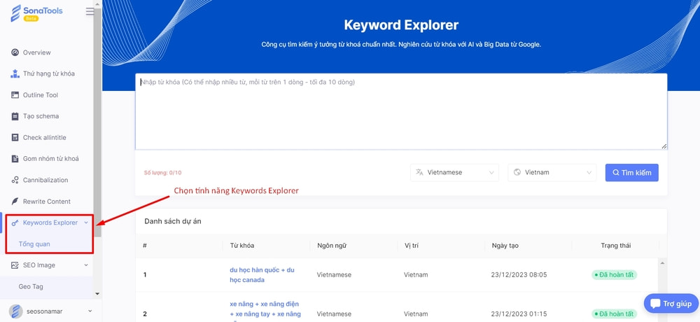 Đăng nhập vào SonaTools và chọn tính năng Keywords Explorer