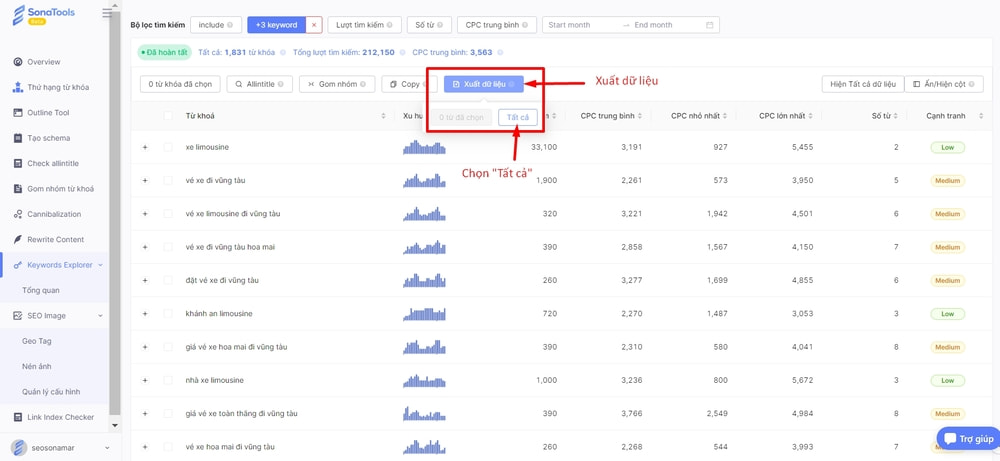 Xuất dữ liệu từ khóa từ SonaTools sang Excel