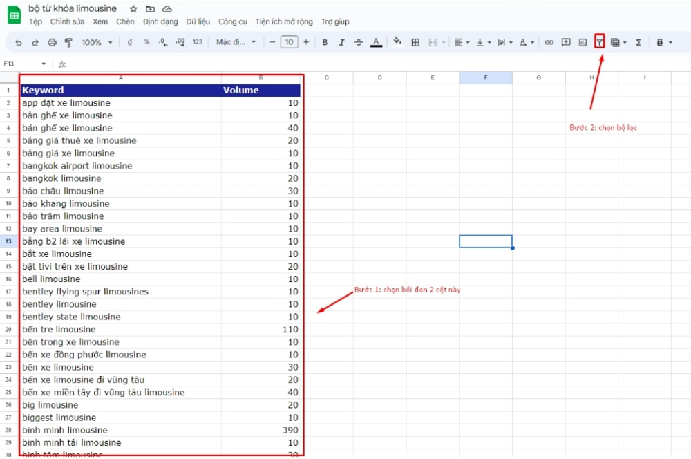 Chọn bộ lọc trên file Google sheet