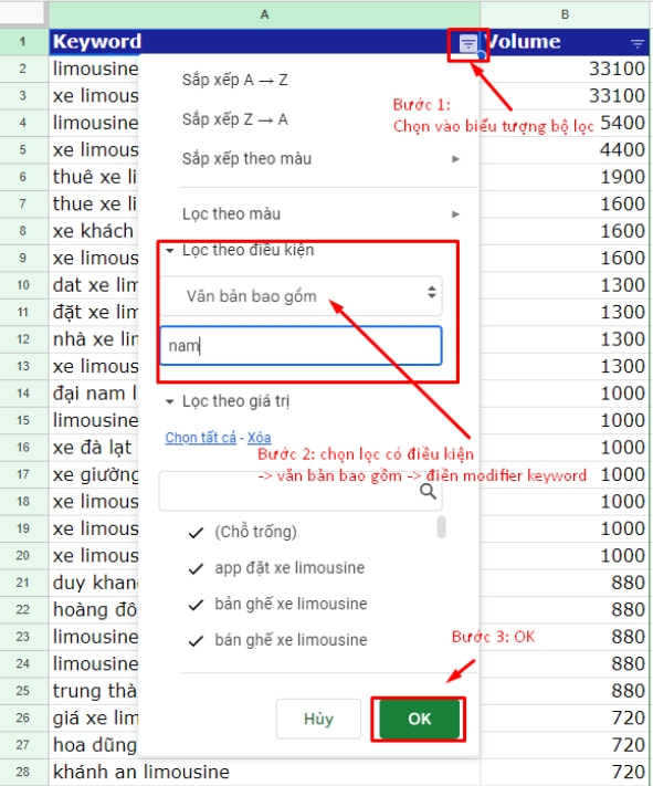 Điền các Keyword Modifier vào bộ lọc và nhấn "OK"