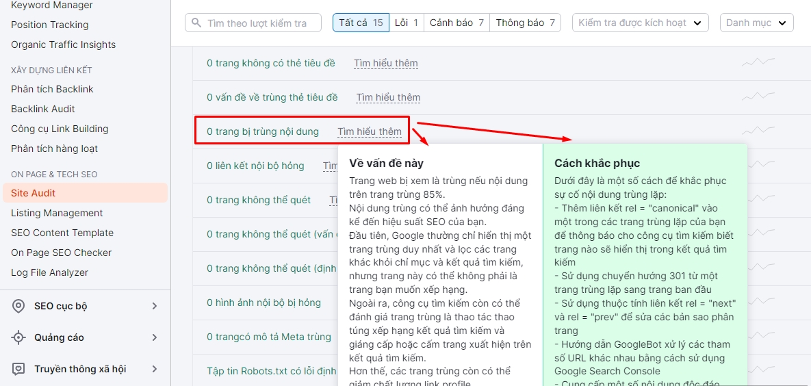 Semrush kiểm tra nội dung trùng lặp trên website