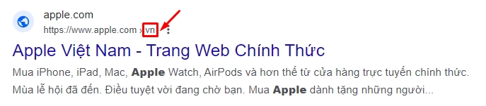 Kết quả Google hiển thị website chính thức của Apple tại Việt Nam