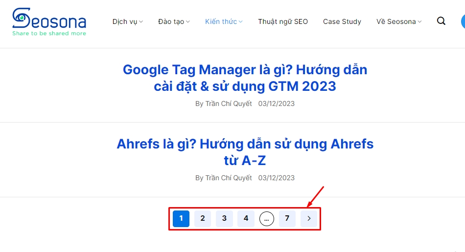 Ví dụ cấu trúc phân trang 1, 2, 3 của website SEOSONA