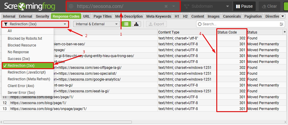 Screaming Frog kiểm tra tình trạng redirect