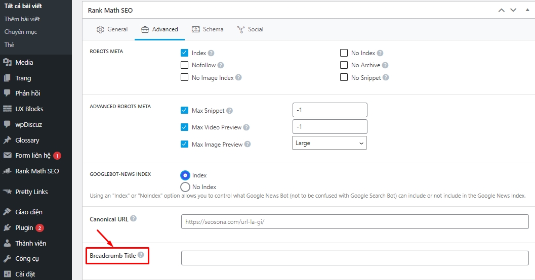 Thiết lập Breadcrumb bằng plugin Rank Math