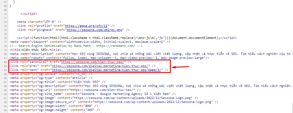 Website có thẻ rel next và rel prev cho phân trang