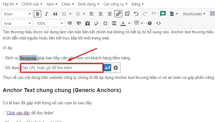 WordPress: nhập URL mục tiêu cho anchor text