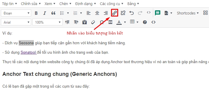 WordPress: bôi đen văn bản và chọn biểu tượng tạo liên kết