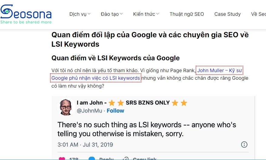 Ví dụ anchor text dẫn đến phát biểu của John Mueller về LSI keyword