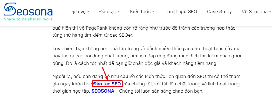 Ví dụ anchor text khớp chính xác với từ khóa đào tạo SEO