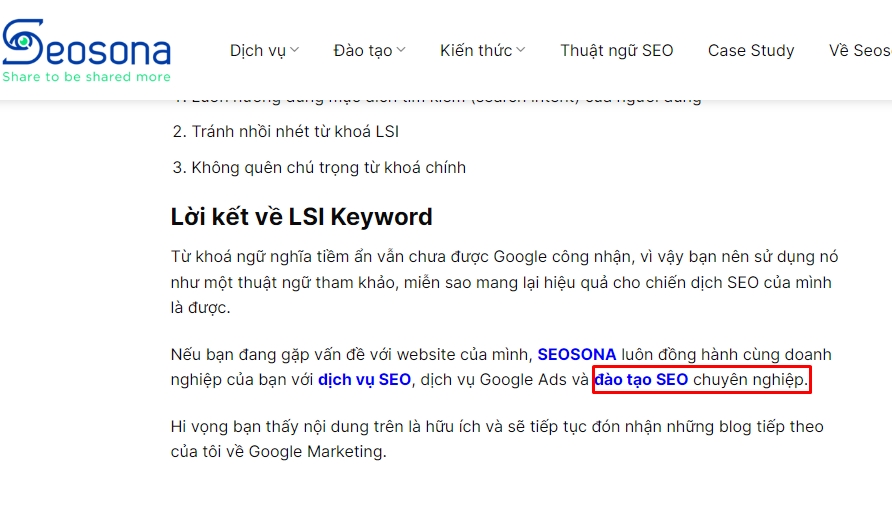 Ví dụ anchor text liên quan cho từ khóa đào tạo SEO