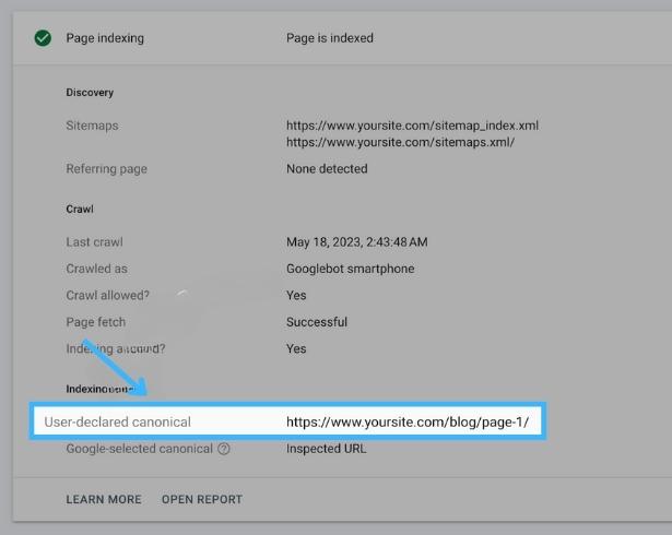 Google Search Console hiển thị User-declared canonical