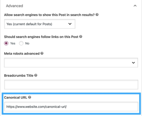 Yoast SEO: mở trường URL Canonical trong phần Advanced
