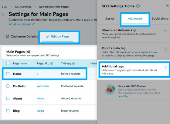 Wix: mở Additional tags trong tab Advanced