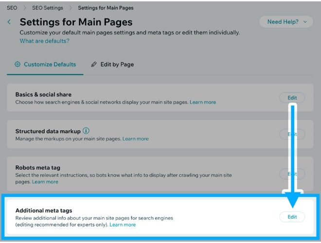 Wix: mở Edit trong phần Additional meta tags