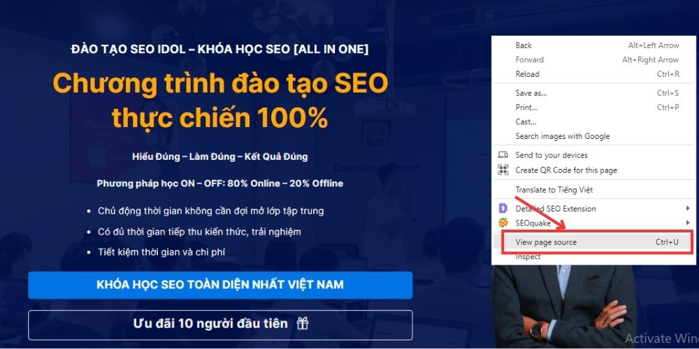 Mở View page source để kiểm tra thẻ Canonical