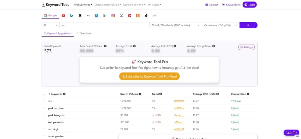 Công cụ nghiên cứu từ khóa KeywordTool.io