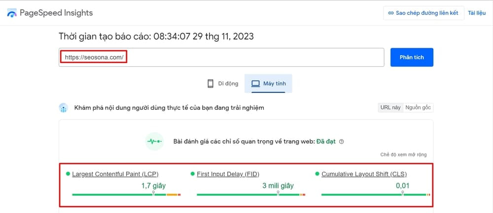 3 chỉ số Core Web Vitals của website seosona.com được PageSpeed Insights đo lường