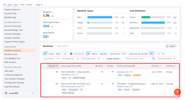 Xem thông tin backlink, lọc và phân tích