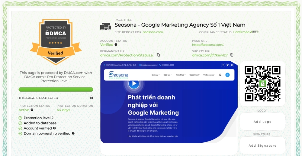 Mẫu chứng nhận DMCA của Seosona
