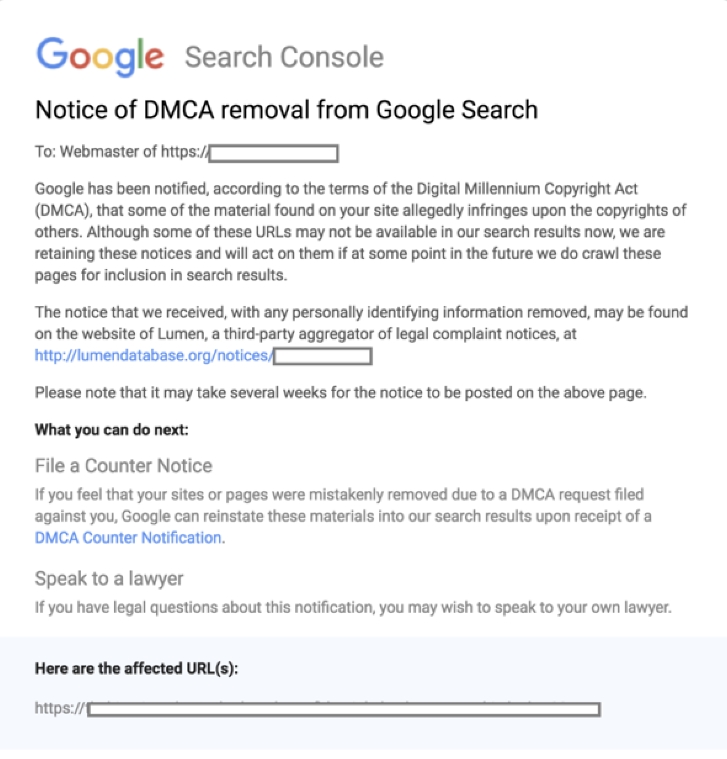 Thông báo website bị report DMCA từ email