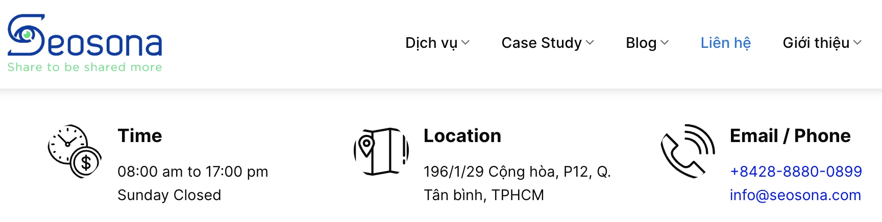 ví dụ về thông tin liên lạc trên web seosona.com