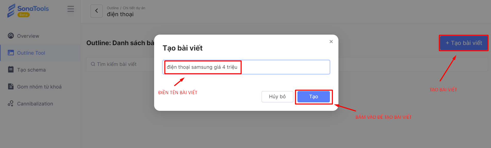 Sonatools Outline Tools: tạo dự án và bài viết