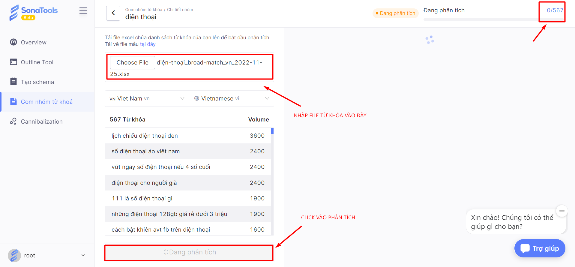 Sonatools: nhập file và phân tích nhóm từ khóa