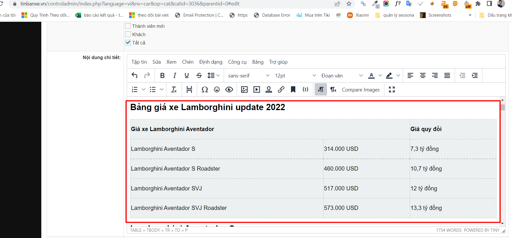Ví dụ bảng giá được đánh dấu bằng table HTML cho Featured Snippet