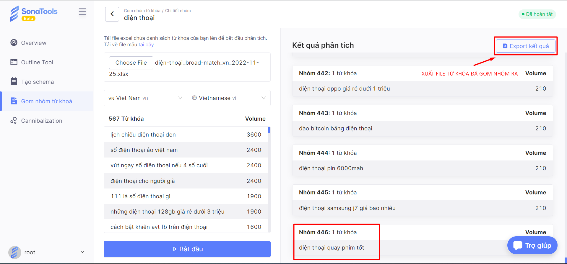 Sonatools trả về kết quả gom nhóm từ khóa