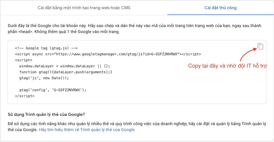 copy mã đo lường Google Analytics