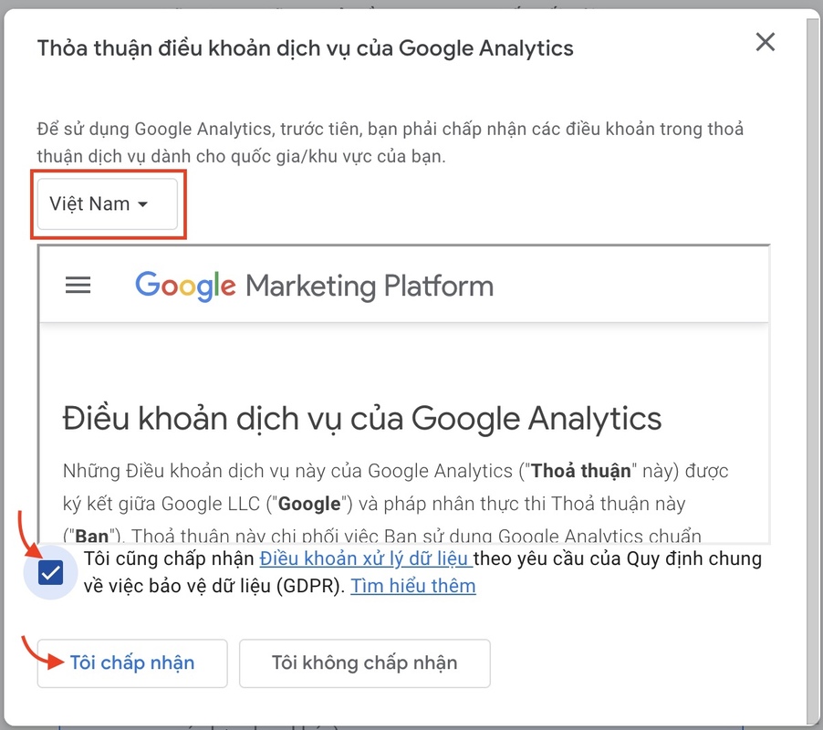 xác nhận điều khoản trong google analytics