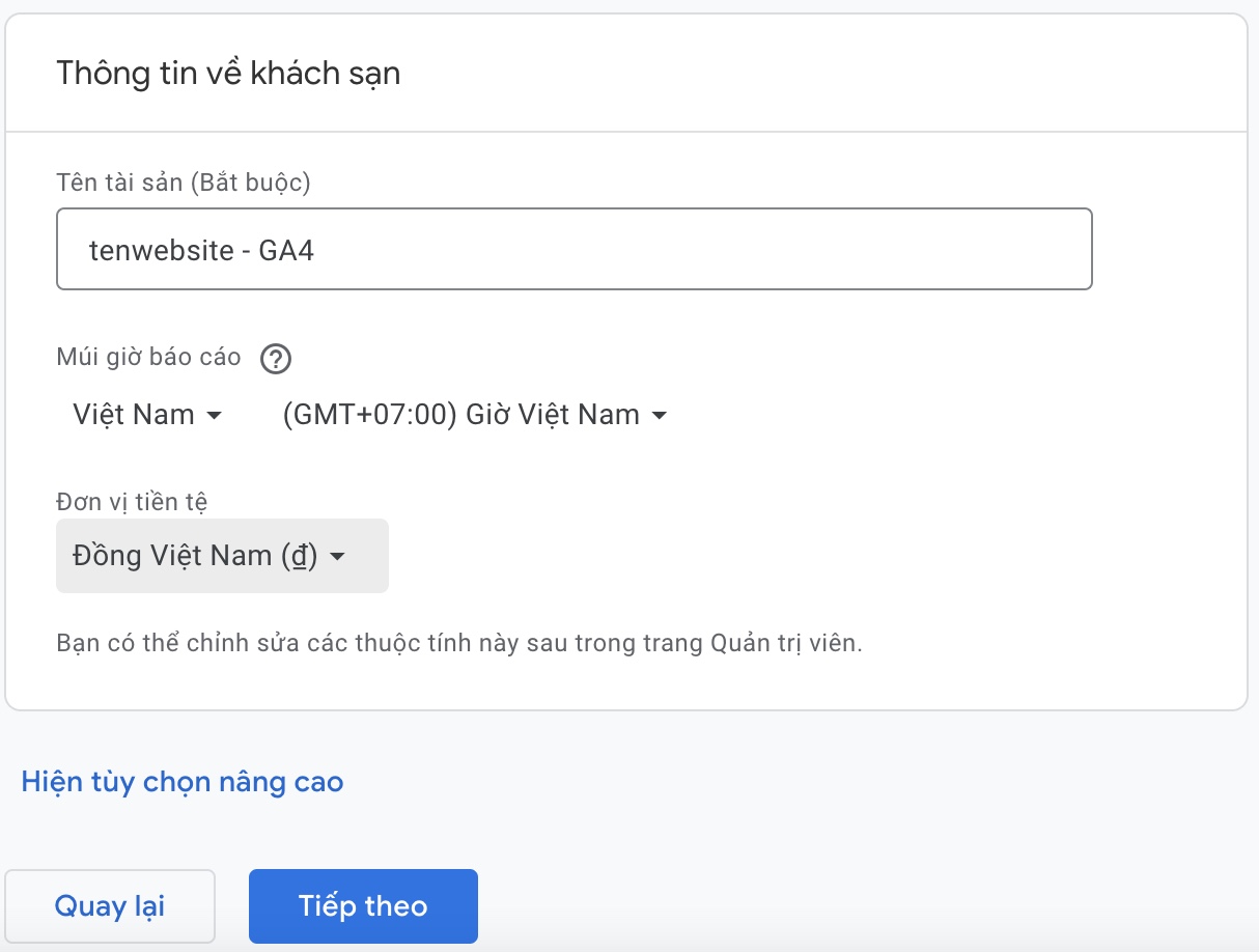 Trang "Tạo một tài sản" trong Google Analytics
