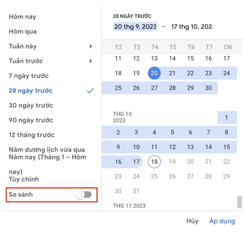 Tuỳ chỉnh phân tích website theo khoảng thời gian