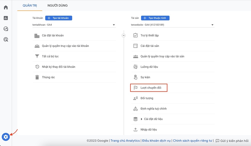 thiết lập lượt chuyển đổi trong google analytics 4
