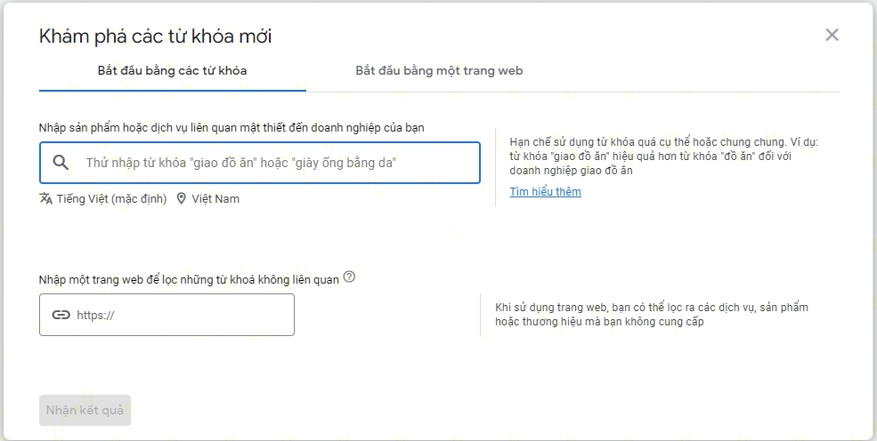 Keyword Planner: chọn Start with keywords