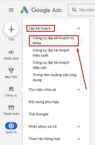 Giao diện Google Keyword Planner trong Google Ads