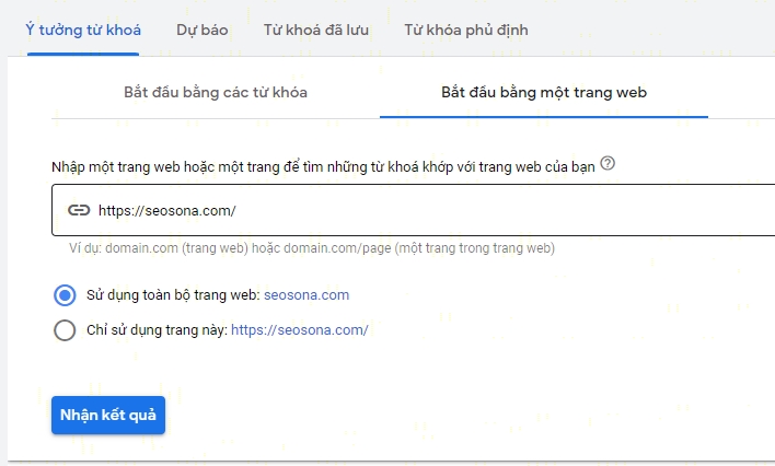 Keyword Planner: chọn Get Results để xem kết quả