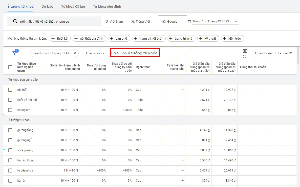 Keyword Planner: nhập tối đa 10 từ khóa hạt giống
