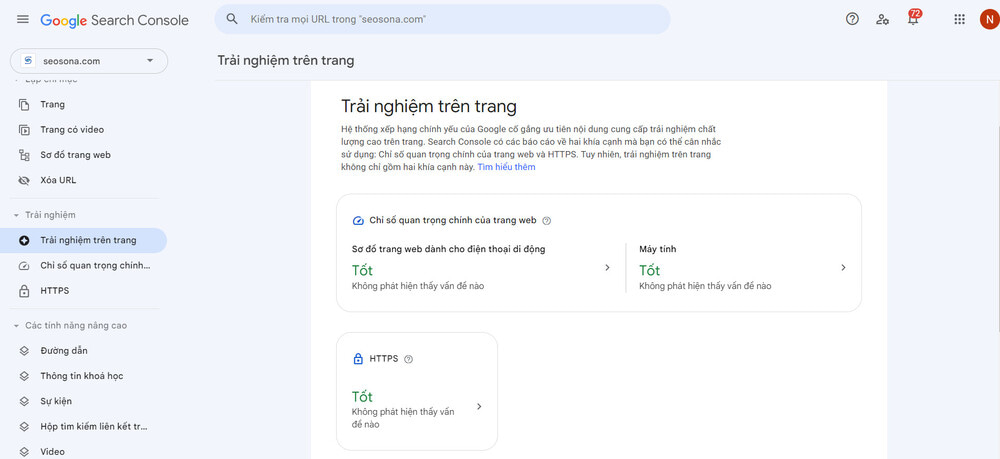 báo cáo trải nghiệm trên Google Search Console