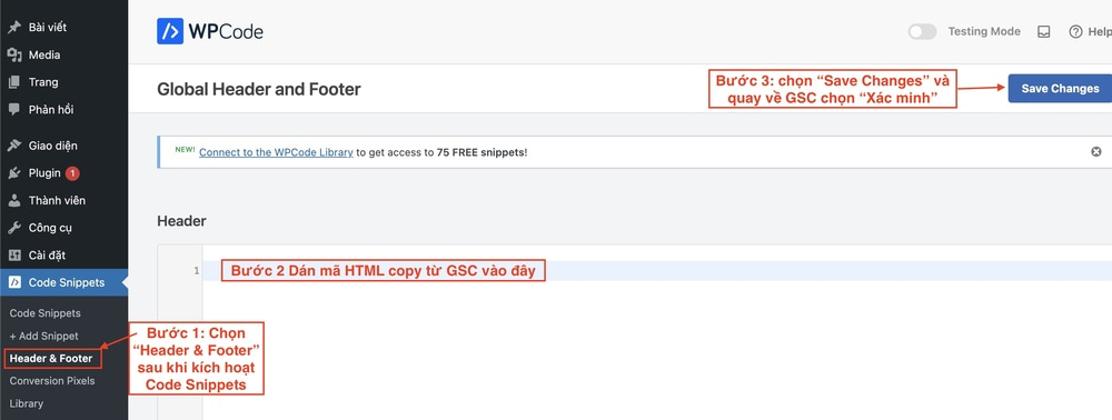 Thêm HTML vào WordPress để xác minh GSC