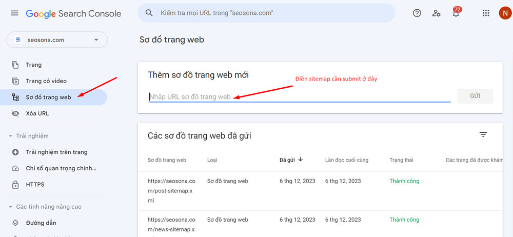 báo cáo Sitemap trên Google Search Console