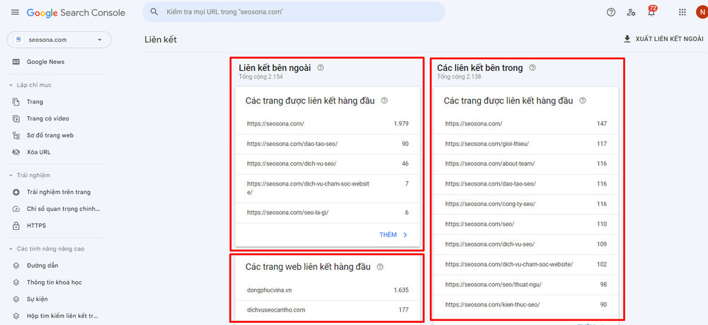 báo cáo Liên kết trên Google Search Console