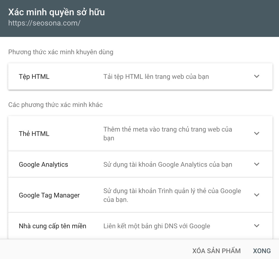 xác minh quyền sở hữu website trên Google Search Console