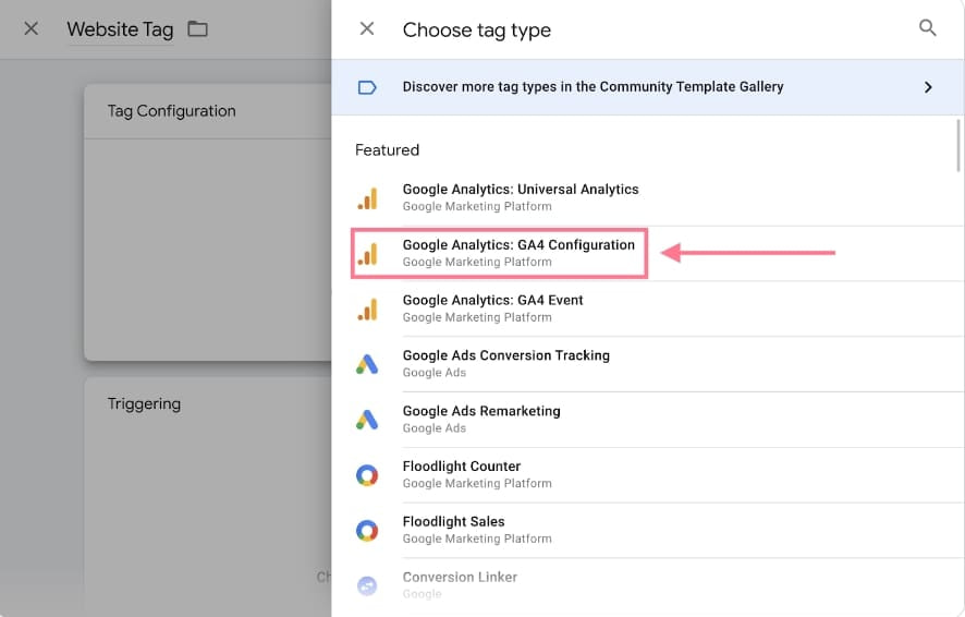 Chọn mục "Google Analytics GA4" từ danh sách