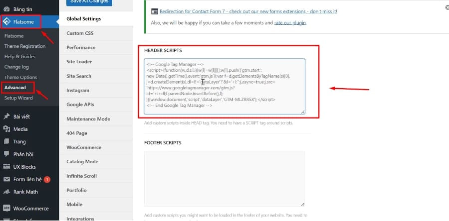 Dán đoạn mã <head> vào phần HEADER SCRIPTS