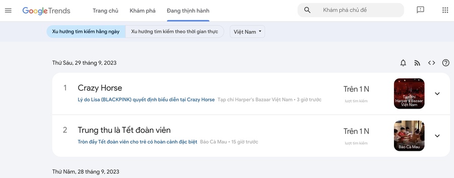 ví dụ chọn “Đang thịnh hành"